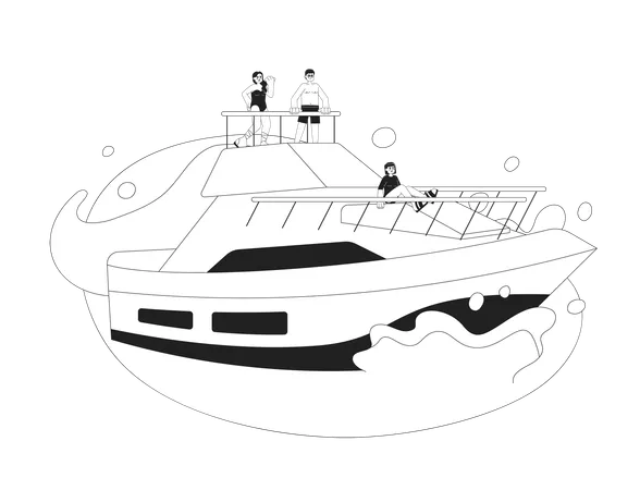 Yacht Party Monochrome Vector Spot Illustration Friends In Swimwear Luxury Yachting 2 D Flat Bw Cartoon Characters For Web UI Design Summer Sailboat In Ocean Isolated Editable Hand Drawn Hero Image Illustration
