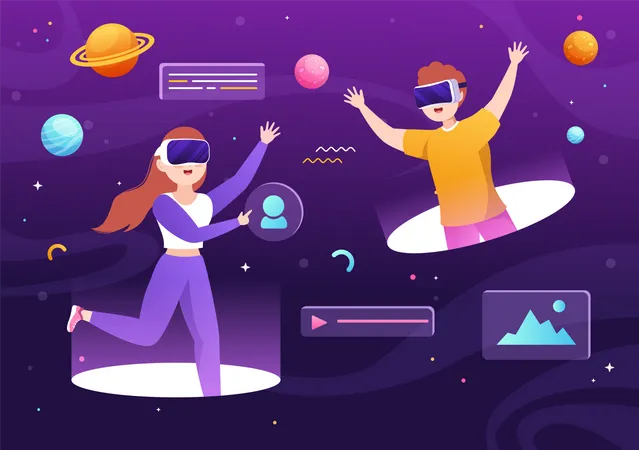 Friends interacting online using virtual reality tech Illustration