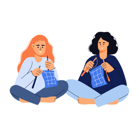 Friends knitting cloth together  Illustration