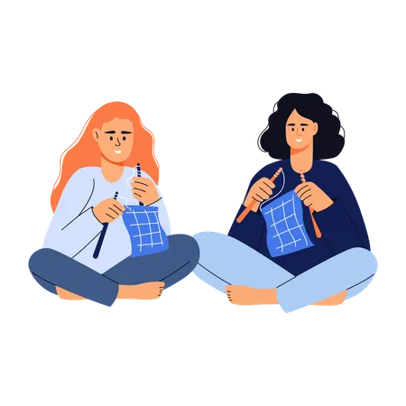 Friends knitting cloth together  Illustration