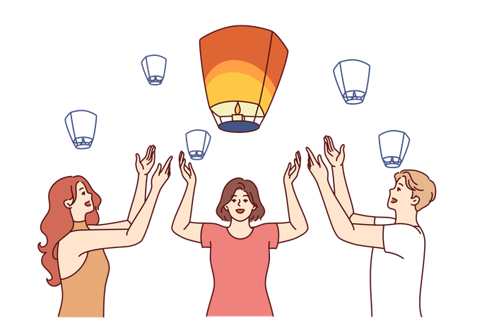 Friends launch chinese air lanterns together to make wish during festive night  Illustration