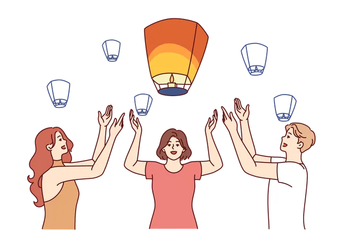 Friends Launch Chinese Air Lanterns Together To Make Wish During Festive Night Festival Man And Two Women Raise Hands Up Standing Near Flying Chinese Lanterns Illuminating Evening Sky Illustration