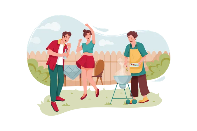Friends making food on barbeque at home backyard area Illustration