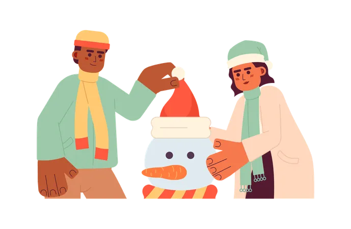Winter Clothes Friends Making Snowman 2 D Cartoon Characters Interracial Couple Having Fun Together Isolated Vector People White Background Leisure Activity Wintertime Color Flat Spot Illustration Illustration
