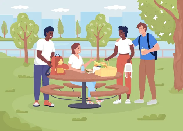 Friends Meeting For Picnic In Park Flat Color Vector Illustration Modern Urban Lifestyle Public Area With Picnic Table Teenagers 2 D Simple Cartoon Characters With Landscape On Background Illustration
