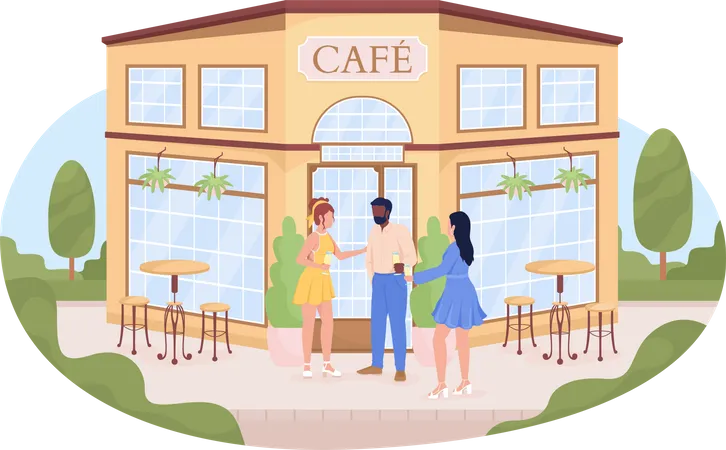 Friends Near Cafe Building On Street 2 D Vector Isolated Illustration Standing Flat Characters On Cartoon Background Colourful Editable Scene For Mobile Website Presentation Cardo Font Used Illustration