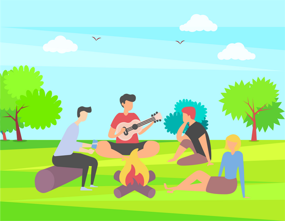 Friends on camping in park  Illustration