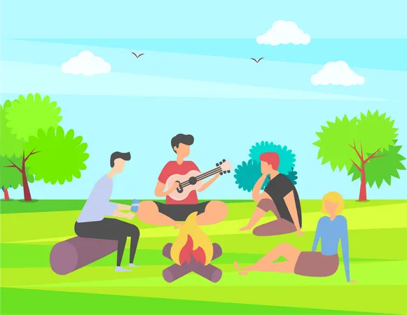 Friends on camping in park  Illustration