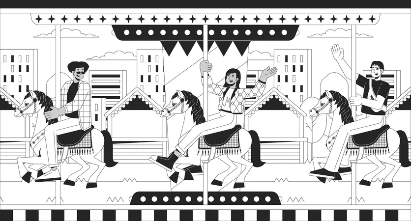 Friends On Carousel Amusement Park Black And White Cartoon Flat Illustration Roundabout Fun Diverse Young Adults 2 D Linear Background Fair Merry Go Round Monochrome Scene Vector Outline Image Illustration