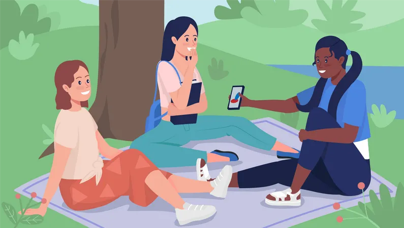 Friends On Picnic Flat Color Vector Illustration Students Hanging Out Outdoors In Spring Teenager Having Fun Outside Happy Teenage Girls 2 D Cartoon Characters With Landscape On Background Illustration