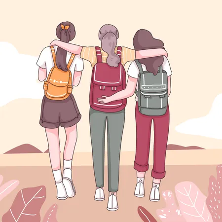 Back View Of Three Girl With Backpack Walking In Nature Cartoon Character Flat Vector Illustration Illustration