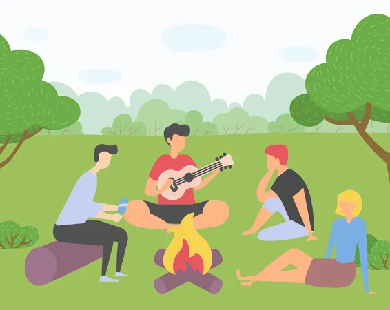 Friends on picnic outside of city  Illustration