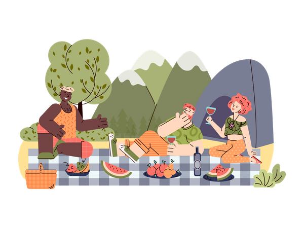 Friends on summer vacation having picnic while camping on mountain landscape  Illustration