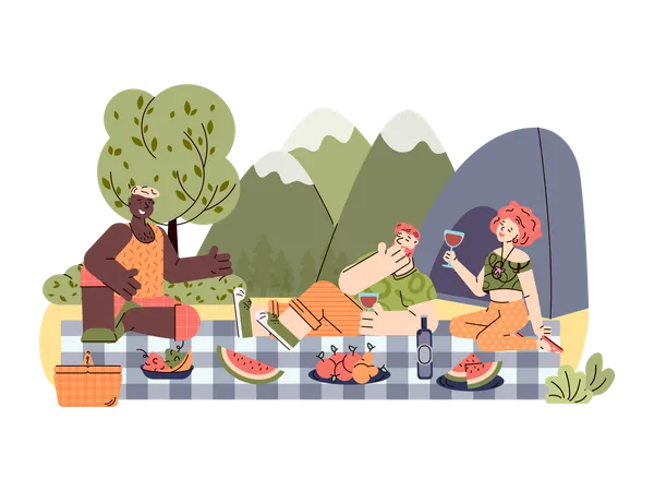 Friends on summer vacation having picnic while camping on mountain landscape  Illustration