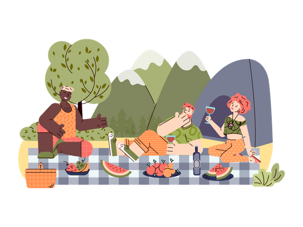 Friends on summer vacation having picnic while camping on mountain landscape Illustration