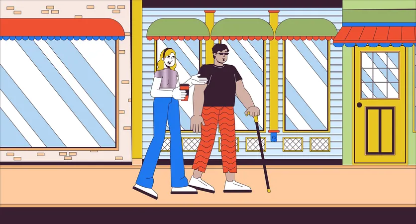 街を歩く多様な友人たち、漫画のフラットイラスト。盲目のアラブ人男性とヨーロッパ人女性、路上の 2 D ライン キャラクター、カラフルな背景。インクルージョン シーン ベクトル ストーリーテリング画像 イラスト