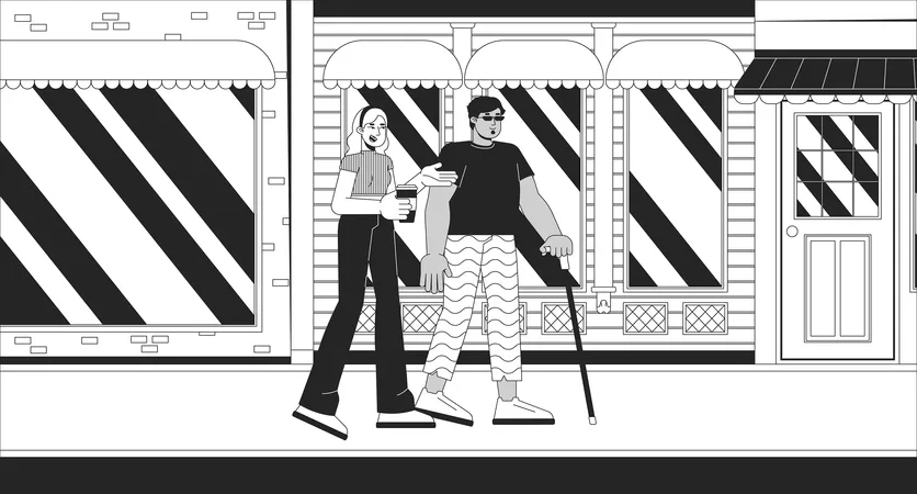 街を歩く多様な友人たちの白黒線イラスト。盲目のアラブ人男性と路上のヨーロッパ人女性、 2 Dキャラクター、モノクロ背景。インクルージョンアウトラインシーンベクター画像 イラスト