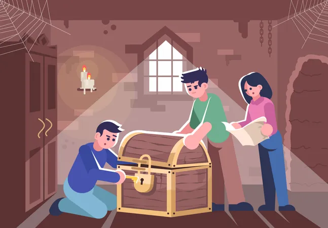 Friends opening closed chest Illustration
