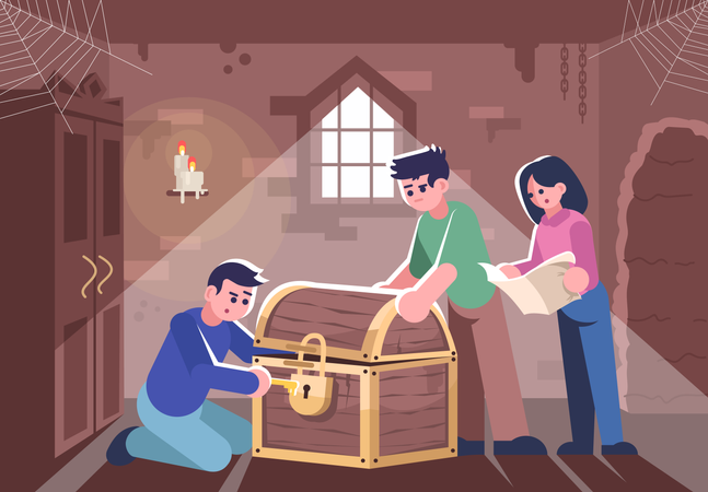 Friends opening closed chest  Illustration