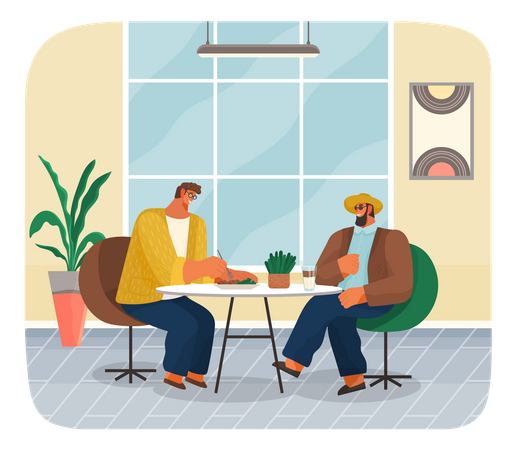 Friends or business partners sitting in cafe or restaurant at table eating and drinking have dinner  Illustration