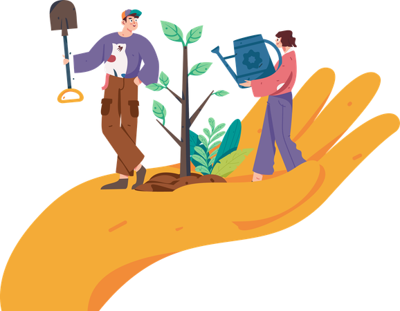 Friends planting new plants in garden  Illustration