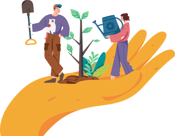 Friends planting new plants in garden  Illustration