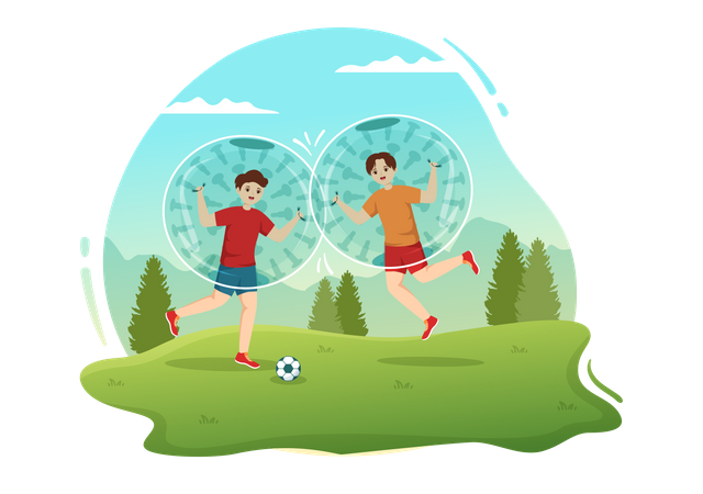 Friends play football while zorbing  Illustration