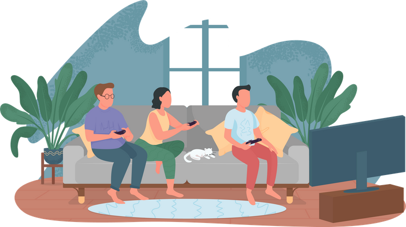 Friends play video games at home  Illustration