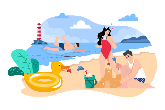 Friends Playing At The Beach Illustration