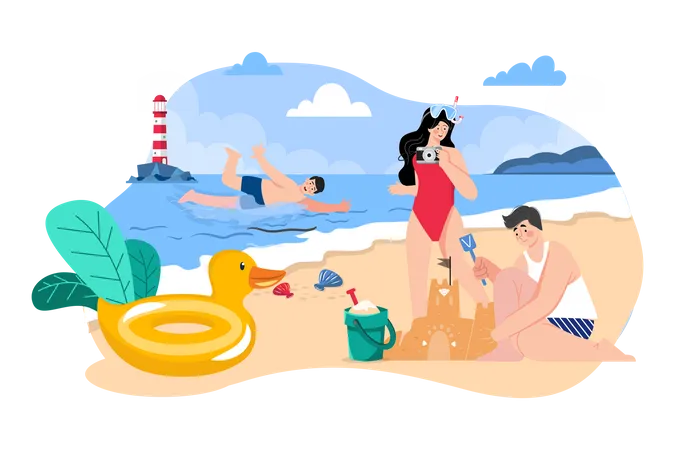 Friends Playing At The Beach Illustration