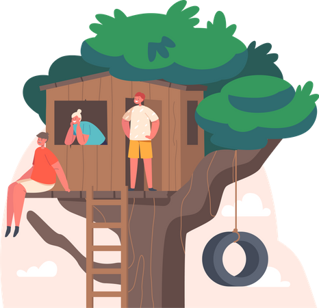 Friends playing at treehouse Illustration