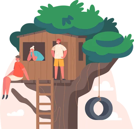 Happy Kids Playing On Treehouse Friends Or Siblings Spend Time Together Joyful Children Characters Play At Wooden House On Tree Having Outdoor Fun And Leisure Cartoon People Vector Illustration Illustration