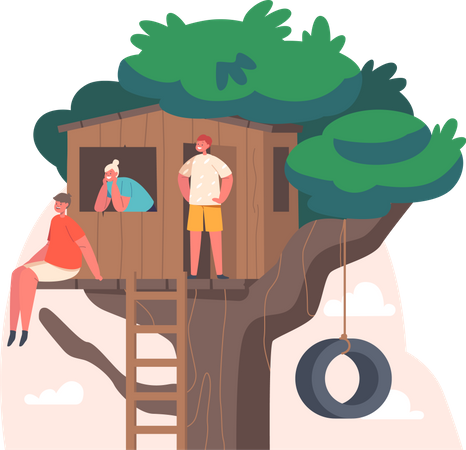 Friends playing at treehouse  Illustration