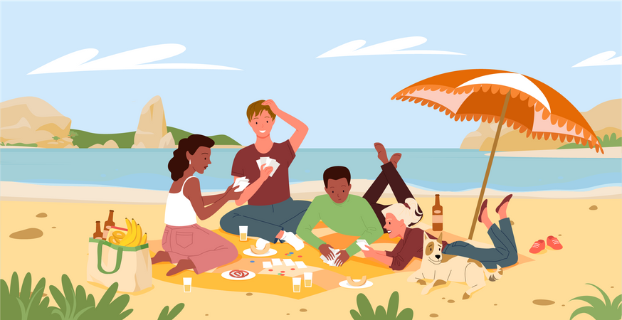 Friends playing card game at picnic  イラスト