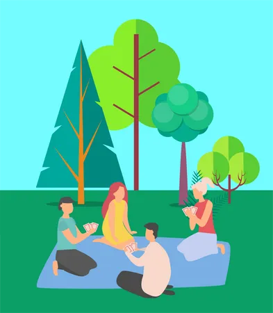 Friends playing cards in garden  Illustration