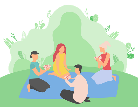 Friends playing cards in park Illustration