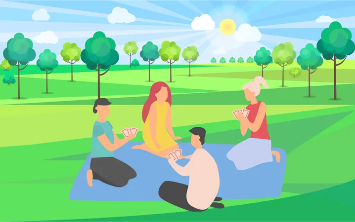 Friends playing cards in park  Illustration