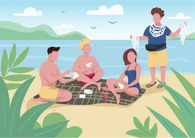 Friends playing cards on beach  Illustration