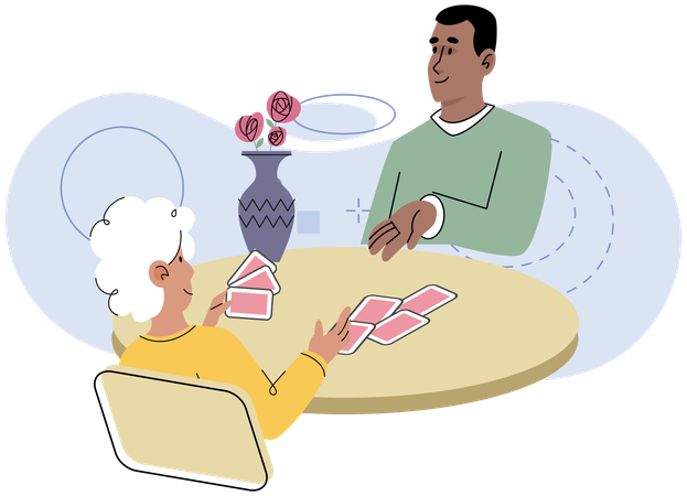 Friends playing cards sitting at table  Illustration