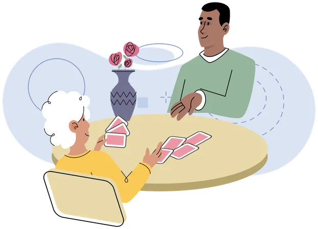 Friends playing cards sitting at table  Illustration