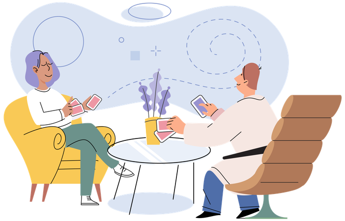 Friends playing cards sitting at table  Illustration