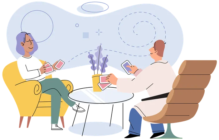 Friends playing cards sitting at table  Illustration