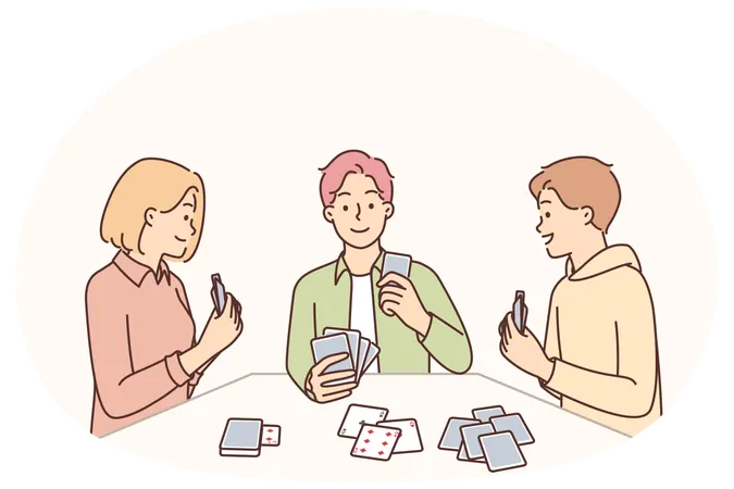 Friends playing cards sitting at table spending time together enjoying game of poker  Illustration