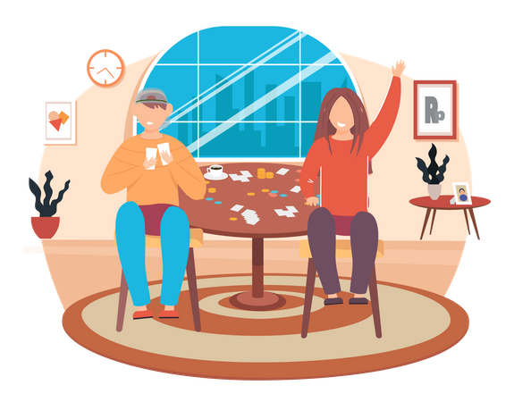 Friends playing cards while sitting at a table  Illustration