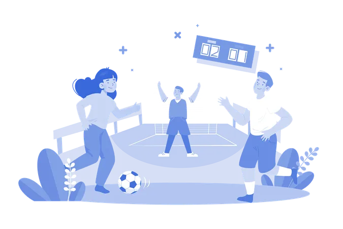 The Group Of Friends Is Playing Soccer In The Yard Illustration