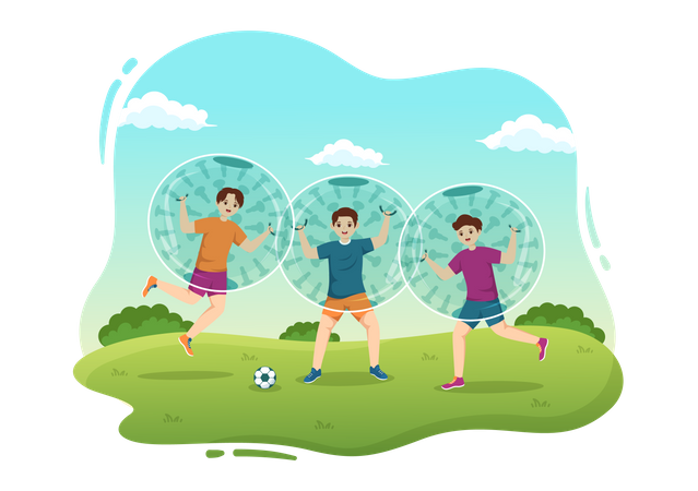Friends playing football while wearing zorbing sphere  Illustration