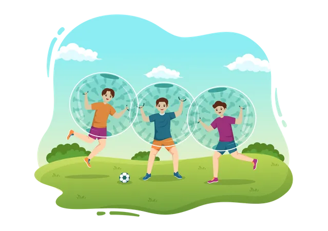 Zorbing Illustration With People Playing Bubble Bump On Green Field Or Pool For Web Banner Or Landing Page In Flat Cartoon Hand Drawn Templates Illustration