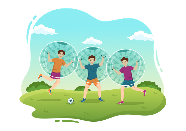 Friends playing football while wearing zorbing sphere  Illustration