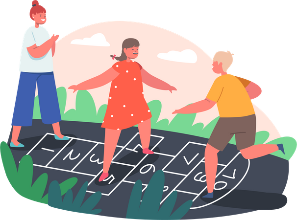 Friends playing Hopscotch Game Illustration