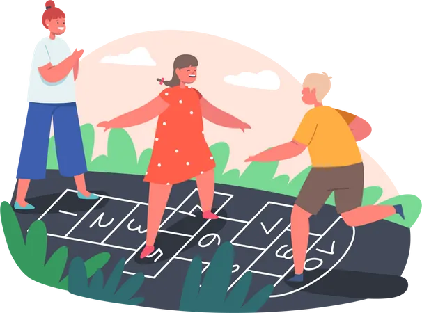 Friends playing Hopscotch Game  Illustration